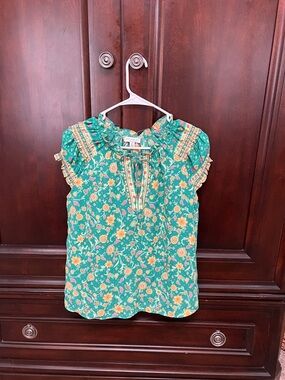 Current Air Green Floral Ruffled Cap-Sleeve Top